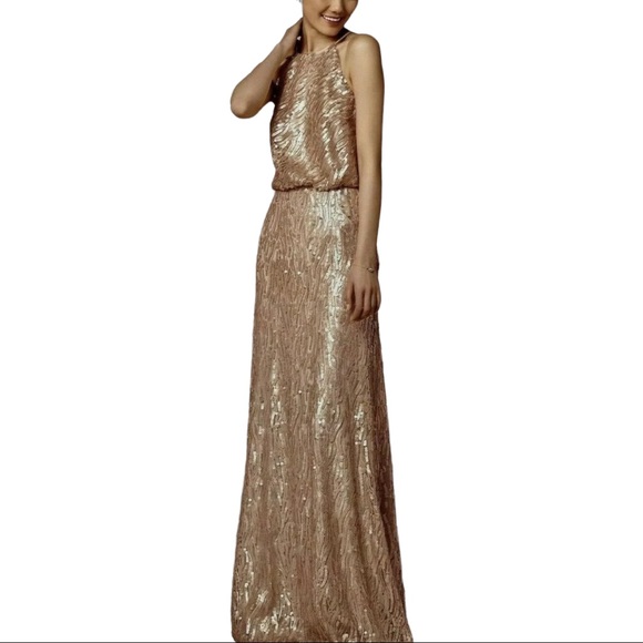 SALE New Donna Morgan x BHLDN Alana 0, 4 & 10 Gold Sequin Maxi Gown - Picture 2 of 11